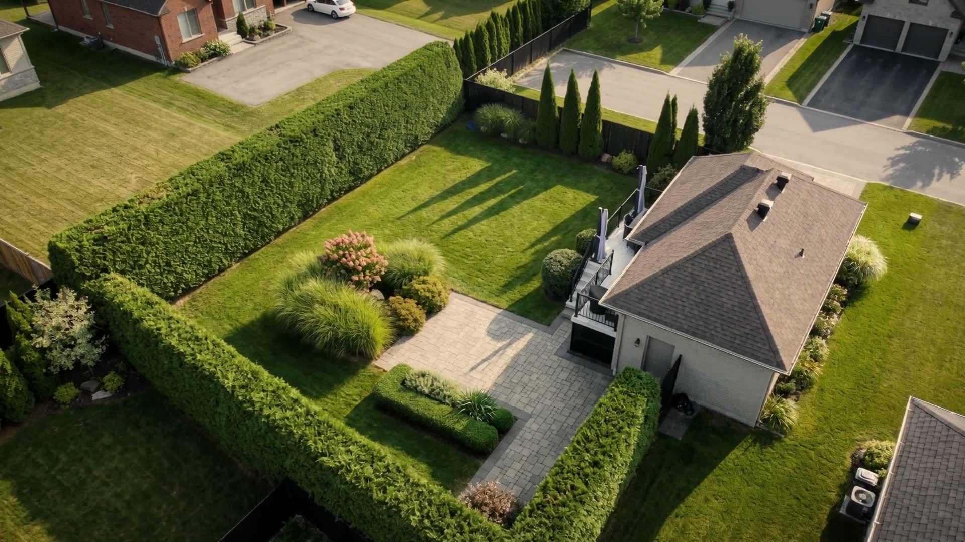 Vue cinématique de haies de cèdres et de topiaires soignés